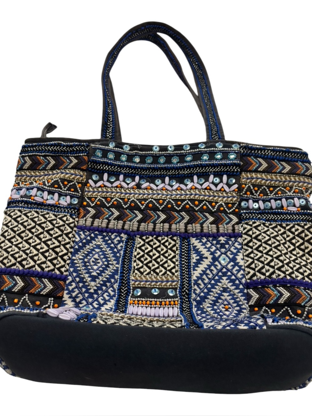 Big Buddha Embroidered Mosaic Tote with Bead Accents in Blue & Black